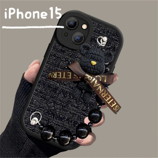 【iPhone15ケース】ツイード クママスコット ハンドストラップ付 ブラック(iPhoneケース)