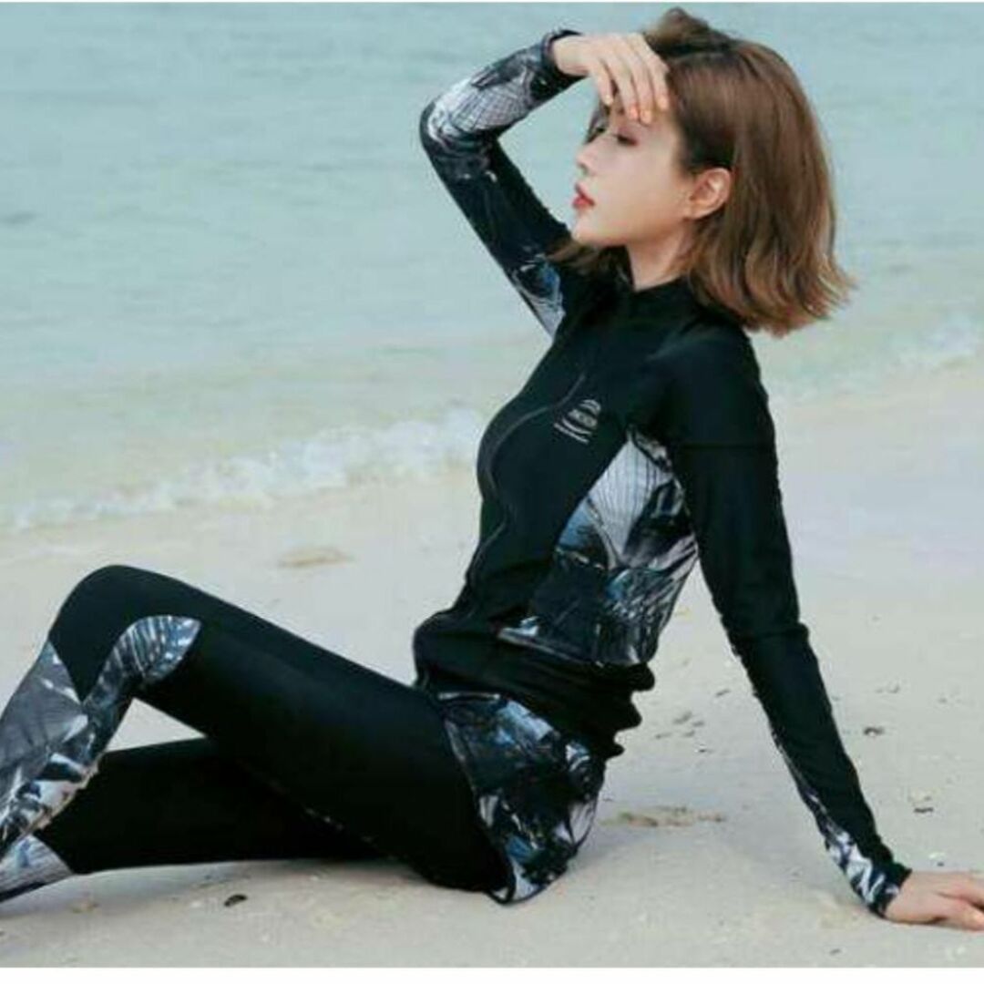 【M】カジュアルラッシュガード5点セットLボタニカル柄レディース体型カバー韓国 レディースの水着/浴衣(水着)の商品写真