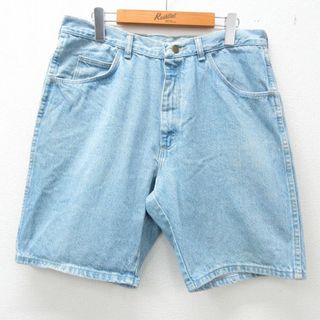 ラングラー(Wrangler)のW34★古着 ラングラー Wrangler ショート パンツ ショーツ メンズ コットン 紺 ネイビー デニム 23may09 中古 ボトムス 短パン ショーパン ハーフ(ワークパンツ/カーゴパンツ)