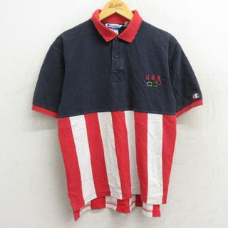 チャンピオン(Champion)のL★古着 チャンピオン champion 半袖 ブランド ポロ シャツ メンズ 90年代 90s USAオリンピック 鹿の子 コットン 紺他 ネイビー 23may12 中古 トップス(ポロシャツ)