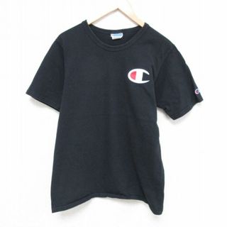 チャンピオン(Champion)のL★古着 チャンピオン Champion 半袖 ブランド Tシャツ メンズ ワンポイントロゴ コットン クルーネック 黒 ブラック 23may09 中古(Tシャツ/カットソー(半袖/袖なし))