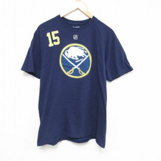 リーボック(Reebok)のL★古着 リーボック REEBOK 半袖 ブランド Tシャツ メンズ NHL バッファローセイバーズ ジャックエイチェル 15 コットン クルーネック 紺 ネイビー アイスホッケー 23may02 中古(Tシャツ/カットソー(半袖/袖なし))