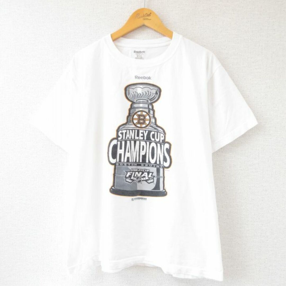 Reebok(リーボック)のXL★古着 リーボック REEBOK 半袖 ブランド Tシャツ メンズ NHL ボストンブルーインズ スタンレーカップ コットン クルーネック 白 ホワイト アイスホッケー 23may15 中古 メンズのトップス(Tシャツ/カットソー(半袖/袖なし))の商品写真