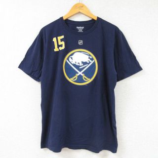 リーボック(Reebok)のL★古着 リーボック REEBOK 半袖 ブランド Tシャツ メンズ NHL バッファローセイバーズ ジャックマイケル 15 コットン クルーネック 紺 ネイビー アイスホッケー 23may15 中古(Tシャツ/カットソー(半袖/袖なし))