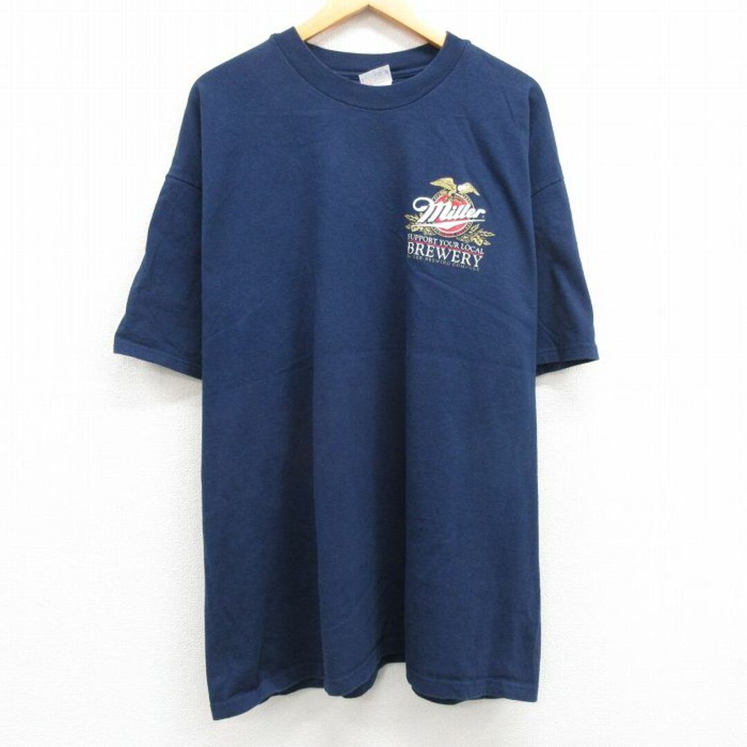 Hanes(ヘインズ)のXL★古着 ヘインズ Hanes 半袖 ビンテージ Tシャツ メンズ 00年代 00s ミラー ビール ワシ 大きいサイズ ロング丈 コットン クルーネック 紺 ネイビー 23may09 中古 メンズのトップス(Tシャツ/カットソー(半袖/袖なし))の商品写真