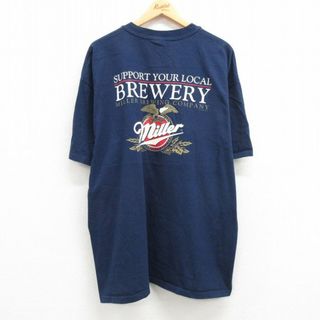 ヘインズ(Hanes)のXL★古着 ヘインズ Hanes 半袖 ビンテージ Tシャツ メンズ 00年代 00s ミラー ビール ワシ 大きいサイズ ロング丈 コットン クルーネック 紺 ネイビー 23may09 中古(Tシャツ/カットソー(半袖/袖なし))