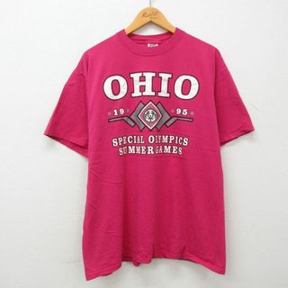 XL★古着 半袖 ビンテージ Tシャツ メンズ 90年代 90s オハイオ SUMMER GAMES 大きいサイズ　コットン クルーネック USA製 濃ピンク 23may10 中古(Tシャツ/カットソー(半袖/袖なし))