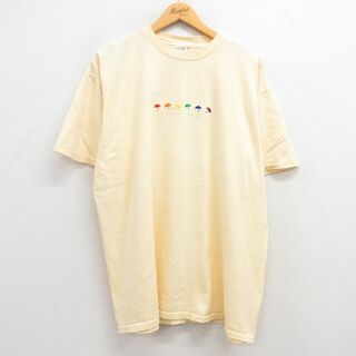 XL★古着 半袖 ビンテージ Tシャツ メンズ 00年代 00s 傘 刺繍 大きいサイズ コットン クルーネック 黄 イエロー 23may10 中古(Tシャツ/カットソー(半袖/袖なし))