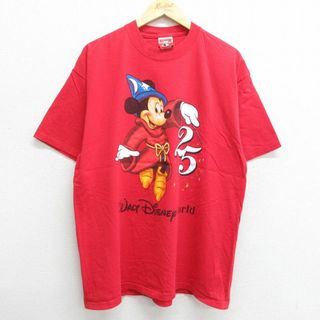 ディズニー(Disney)のXL★古着 半袖 ビンテージ Tシャツ メンズ 90年代 90s ディズニー DISNEY ミッキー MICKEY MOUSE 25 大きいサイズ コットン クルーネック USA製 赤 レッド 【spe】 23may10 中古(Tシャツ/カットソー(半袖/袖なし))