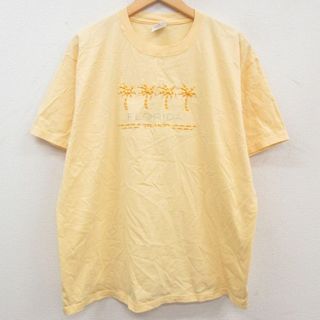 XL★古着 半袖 ビンテージ Tシャツ メンズ 00年代 00s ヤシの木 フロリダ 刺繍 ラインストーン 大きいサイズ コットン クルーネック 黄色系 イエロー 23may10 中古(Tシャツ/カットソー(半袖/袖なし))