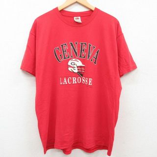 XL★古着 半袖 ビンテージ Tシャツ メンズ 00年代 00s GENEVA ラクロス 大きいサイズ クルーネック 赤 レッド 23may11 中古(Tシャツ/カットソー(半袖/袖なし))