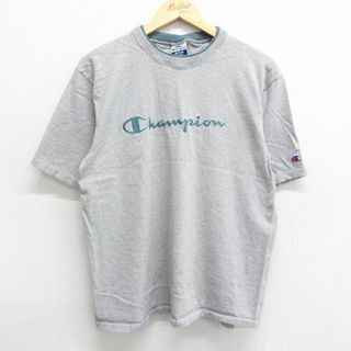 チャンピオン(Champion)のL★古着 チャンピオン Champion 半袖 ビンテージ Tシャツ メンズ 90年代 90s ビッグロゴ 刺繍 コットン クルーネック USA製 グレー 霜降り 23may12 中古(Tシャツ/カットソー(半袖/袖なし))