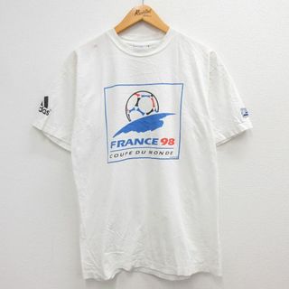 アディダス(adidas)のM★古着 アディダス adidas 半袖 ビンテージ Tシャツ メンズ 90年代 90s フランス ワールドカップ サッカー コットン クルーネック 白 ホワイト 23may15 中古(Tシャツ/カットソー(半袖/袖なし))