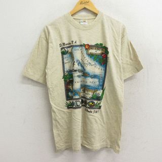 L★古着 半袖 ビンテージ Tシャツ メンズ 00年代 00s 地図 海 コットン クルーネック ベージュ カーキ 霜降り 23may15 中古(Tシャツ/カットソー(半袖/袖なし))