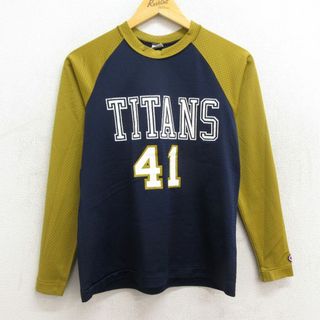 チャンピオン(Champion)の古着 チャンピオン champion 長袖 ビンテージ Tシャツ レディース 80年代 80s タイタンズ 41 ラグラン ツートンカラー メッシュ地 クルーネック USA製 紺他 ネイビー 23may20 中古(ミニワンピース)