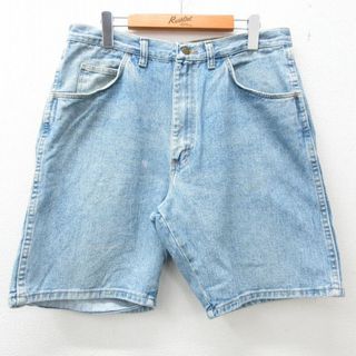 ラングラー(Wrangler)のW34★古着 ラングラー Wrangler ショート パンツ ショーツ メンズ 90年代 90s コットン USA製 紺 ネイビー デニム 23may16 中古 ボトムス 短パン ショーパン ハーフ(ワークパンツ/カーゴパンツ)