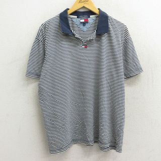 トミーヒルフィガー(TOMMY HILFIGER)のXL★古着 トミーヒルフィガー TOMMY HILFIGER 半袖 ブランド ポロ シャツ メンズ 90年代 90s ワンポイントロゴ コットン 紺他 ネイビー ボーダー 23may16 中古 トップス(ポロシャツ)