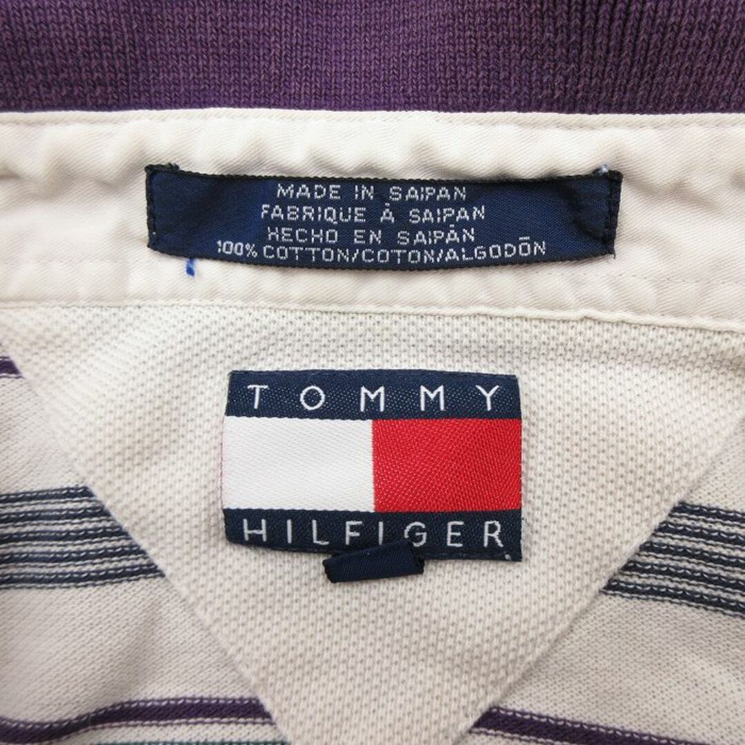 TOMMY HILFIGER(トミーヒルフィガー)のL★古着 トミーヒルフィガー TOMMY HILFIGER 半袖 ブランド ポロ シャツ メンズ 90年代 90s ワンポイントロゴ 鹿の子 コットン 白他 ホワイト ボーダー 23may16 中古 トップス メンズのトップス(ポロシャツ)の商品写真