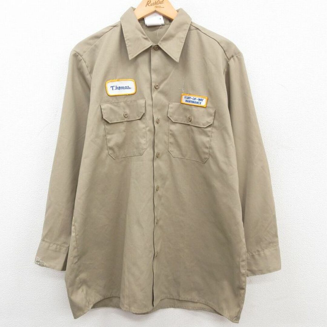 Dickies(ディッキーズ)のXL★古着 ディッキーズ Dickies 長袖 ワーク シャツ メンズ 90年代 90s ロング丈 USA製 ベージュ カーキ 23may20 中古 トップス メンズのトップス(シャツ)の商品写真