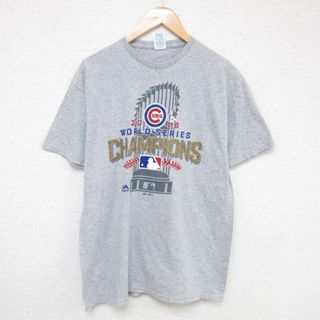 マジェスティック(Majestic)のL★古着 マジェスティック 半袖 Tシャツ メンズ MLB シカゴカブス ワールドシリーズ クルーネック グレー 霜降り メジャーリーグ ベースボール 野球 23may19 中古(Tシャツ/カットソー(半袖/袖なし))