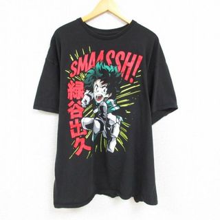 XL★古着 半袖 Tシャツ メンズ アニメ 僕のヒーローアカデミア 緑谷出久 グリーン デク 大きいサイズ コットン クルーネック 黒 ブラック 23may17 中古(Tシャツ/カットソー(半袖/袖なし))