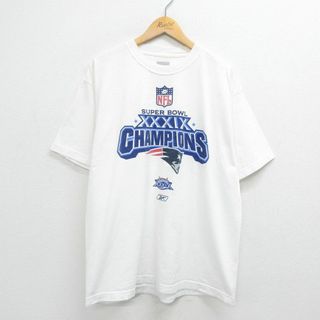 リーボック(Reebok)のXL★古着 リーボック REEBOK 半袖 ブランド Tシャツ メンズ NFL ニューイングランドペイトリオッツ 大きいサイズ コットン クルーネック 白 ホワイト アメフト スーパーボウル 23may17 中古(Tシャツ/カットソー(半袖/袖なし))