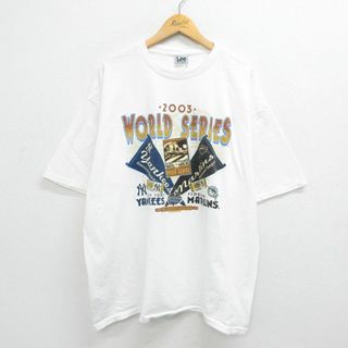 リー(Lee)のXL★古着 リー Lee 半袖 ビンテージ Tシャツ メンズ 00年代 00s MLB ニューヨークヤンキース フロリダマーリンズ 大きいサイズ コットン クルーネック 白 ホワイト メジャーリーグ ベースボール 野球 23may17 中古(Tシャツ/カットソー(半袖/袖なし))