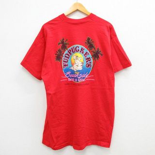 XL★古着 半袖 ビンテージ Tシャツ メンズ 80年代 80s FUDPUGKERS ペリカン 大きいサイズ ロング丈 コットン クルーネック USA製 赤 レッド 23may18 中古(Tシャツ/カットソー(半袖/袖なし))