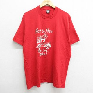 XL★古着 半袖 ビンテージ Tシャツ メンズ 80年代 80s トピカ 車 大きいサイズ クルーネック USA製 赤 レッド 23may18 中古(Tシャツ/カットソー(半袖/袖なし))