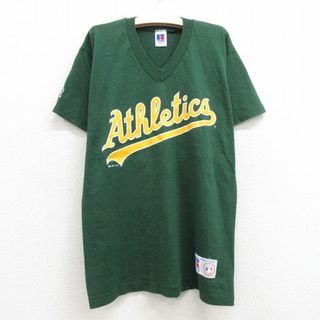 古着 ラッセル 半袖 ビンテージ Tシャツ キッズ ボーイズ 子供服 90年代 90s MLB オークランドアスレチックス 10 Vネック USA製 緑 グリーン メジャーリーグ ベースボール 野球 23may22(シャツ/カットソー)