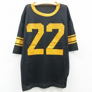 チャンピオン(Champion)の古着 チャンピオン Champion 半袖 ビンテージ Tシャツ キッズ ボーイズ 子供服 70年代 70s 22 メッシュ地 クルーネック USA製 黒他 ブラック ユニフォーム ゲームシャツ 23may24(シャツ/カットソー)