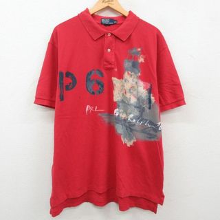 ラルフローレン(Ralph Lauren)のXL★古着 ラルフローレン Ralph Lauren 半袖 ブランド ポロ シャツ メンズ 90年代 90s 灯台 ハンドペイント 鹿の子 大きいサイズ コットン 赤 レッド すれ加工 23may22 中古 トップス(ポロシャツ)