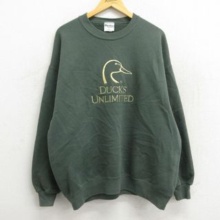 XL★古着 ダックスアンリミテッド 長袖 スウェット メンズ 90年代 90s 鳥 刺繍 大きいサイズ クルーネック USA製 濃緑系 グリーン 23may27 中古 スエット トレーナー トップス(パーカー)