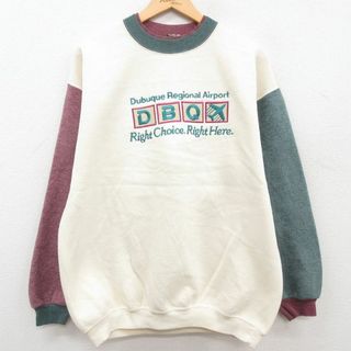 L★古着 長袖 スウェット メンズ 90年代 90s DBQ 飛行機 刺繍 クルーネック マルチカラー USA製 薄ベージュ他 カーキ 【spe】 23may29 中古 スエット トレーナー トップス(パーカー)