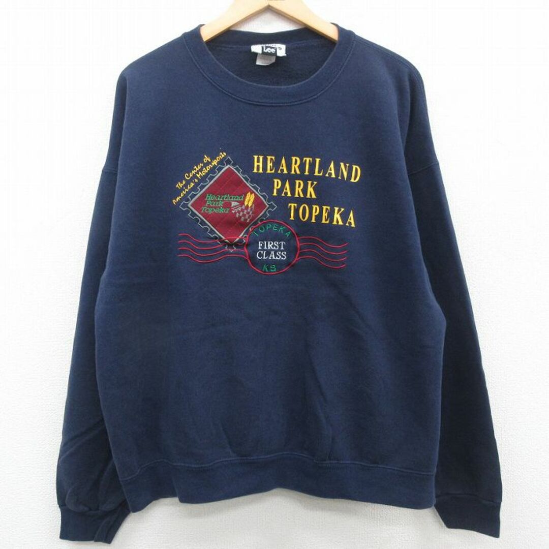 Lee(リー)のXL★古着 リー Lee 長袖 スウェット メンズ 90年代 90s HEARTLAND PARKTOPEK 刺繍 大きいサイズ クルーネック USA製 紺 ネイビー 23may31 中古 スエット トレーナー トップス メンズのトップス(パーカー)の商品写真