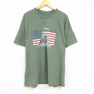 XL★古着 半袖 Tシャツ メンズ ミリタリー 星条旗 大きいサイズ クルーネック 緑 グリーン 23may31 中古(Tシャツ/カットソー(半袖/袖なし))