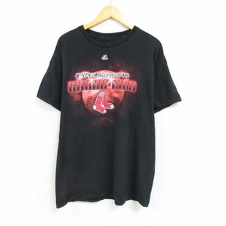 マジェスティック(Majestic)のXL★古着 マジェスティック 半袖 Tシャツ メンズ MLB ボストンレッドソックス ワールドシリーズ コットン クルーネック 黒 ブラック メジャーリーグ ベースボール 野球 23may31 中古(Tシャツ/カットソー(半袖/袖なし))