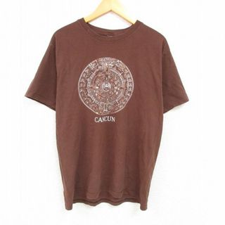 L★古着 半袖 Tシャツ メンズ カンクン クルーネック こげ茶 ブラウン 23may27 中古(Tシャツ/カットソー(半袖/袖なし))