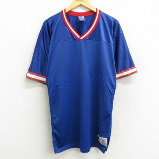 チャンピオン(Champion)のL★古着 チャンピオン champion 半袖 ビンテージ フットボール Tシャツ メンズ 90年代 90s 無地 ロング丈 メッシュ地 Vネック 青 ブルー 23may23 中古(Tシャツ/カットソー(半袖/袖なし))