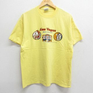 ヘインズ(Hanes)のL★古着 ヘインズ Hanes 半袖 ビンテージ Tシャツ メンズ 00年代 00s ラスベガス トランプ スロット コットン クルーネック 黄 イエロー 23may23 中古(Tシャツ/カットソー(半袖/袖なし))