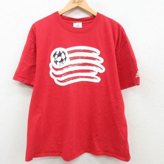 アディダス(adidas)のXL★古着 アディダス adidas 半袖 ビンテージ Tシャツ メンズ 00年代 00s サッカー 大きいサイズ コットン クルーネック 赤 レッド 23may23 中古(Tシャツ/カットソー(半袖/袖なし))