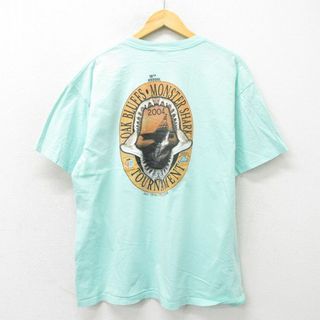 XL★古着 半袖 ビンテージ Tシャツ メンズ 00年代 00s サメ 大きいサイズ コットン クルーネック 薄緑 グリーン 23may24 中古(Tシャツ/カットソー(半袖/袖なし))