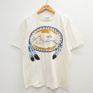 L★古着 半袖 ビンテージ Tシャツ メンズ 00年代 00s ミズーリ川 地図 コットン クルーネック 薄ベージュ カーキ 23may26 中古(Tシャツ/カットソー(半袖/袖なし))