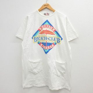 ディズニー(Disney)のXL★古着 半袖 ビンテージ Tシャツ メンズ 90年代 90s ディズニー DISNEY BEACH CLUB ポケット付き 大きいサイズ ロング丈 コットン クルーネック USA製 白 ホワイト 23may26 中古(Tシャツ/カットソー(半袖/袖なし))