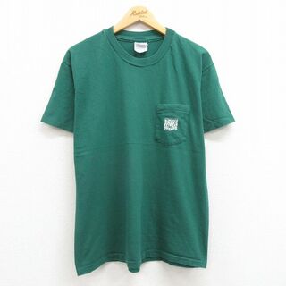 ヘインズ(Hanes)のL★古着 ヘインズ Hanes 半袖 ビンテージ Tシャツ メンズ 90年代 90s SUMMER 胸ポケット付き コットン クルーネック USA製 緑 グリーン 23may26 中古(Tシャツ/カットソー(半袖/袖なし))