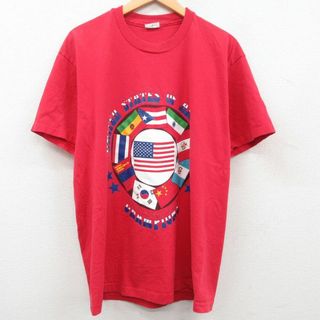 XL★古着 半袖 ビンテージ Tシャツ メンズ 80年代 80s 国旗 コットン クルーネック USA製 赤 レッド 23may29 中古(Tシャツ/カットソー(半袖/袖なし))