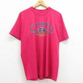 XL★古着 半袖 ビンテージ Tシャツ メンズ 90年代 90s フロリダ 大きいサイズ クルーネック 濃ピンク 23may29 中古(Tシャツ/カットソー(半袖/袖なし))