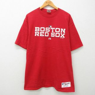 マジェスティック(Majestic)のXL★古着 マジェスティック 半袖 ビンテージ Tシャツ メンズ 00年代 00s MLB ボストンレッドソックス 大きいサイズ ロング丈 コットン クルーネック 赤 レッド メジャーリーグ ベースボール 野球 23may27 中古(Tシャツ/カットソー(半袖/袖なし))