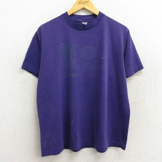 XL★古着 半袖 ビンテージ Tシャツ メンズ 90年代 90s ビーチ ヤシの木 クルーネック 紫 パープル 23may29 中古(Tシャツ/カットソー(半袖/袖なし))