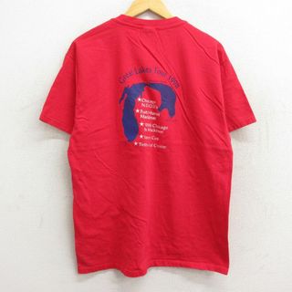 ヘインズ(Hanes)のL★古着 ヘインズ Hanes 半袖 ビンテージ Tシャツ メンズ 90年代 90s マングース シカゴ コットン クルーネック 赤 レッド 23may31 中古(Tシャツ/カットソー(半袖/袖なし))